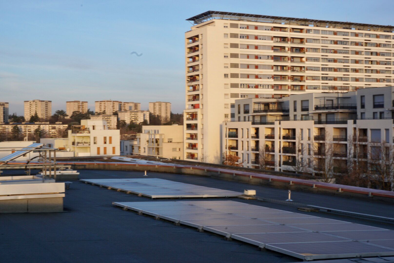 Blick auf eine mit Solarpaneelen bedecktes Flachdach und dahinter ein Wohnviertel im Abendlicht, mit Hochhäusern