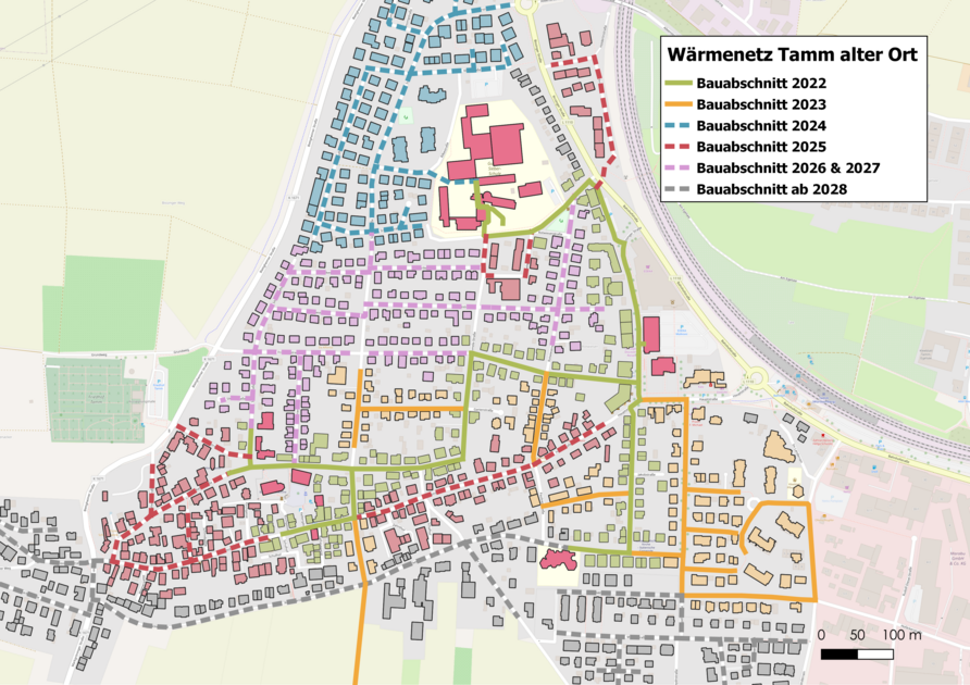 Karte des Wärmenetzausbaus in Tamm.