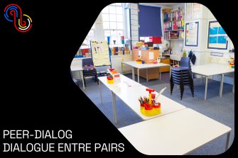 L'image montre une salle de classe vide avec des bureaux disposés en U. Au centre, un grand bureau vide avec des pots de crayons et des pulvérisateurs. Il y a un tableau blanc au fond, entouré d'étagères et de bacs de rangement. La pièce est lumineuse avec une fenêtre sur le côté. Le texte "PEER-DIALOG DIALOGUE ENTRE PAIRS" est affiché en gros plan avec un logo représentant trois formes entrelacées.