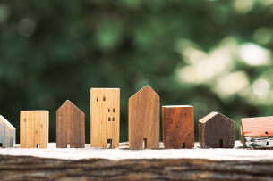 You can see several small model houses made of wood