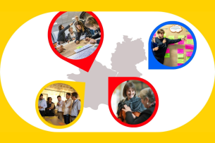 Auf einer Karte, die Deutschland und Frankreich zeigt, erscheinen Fotos mit Menschen, die zusammen arbeiten und sprechen.